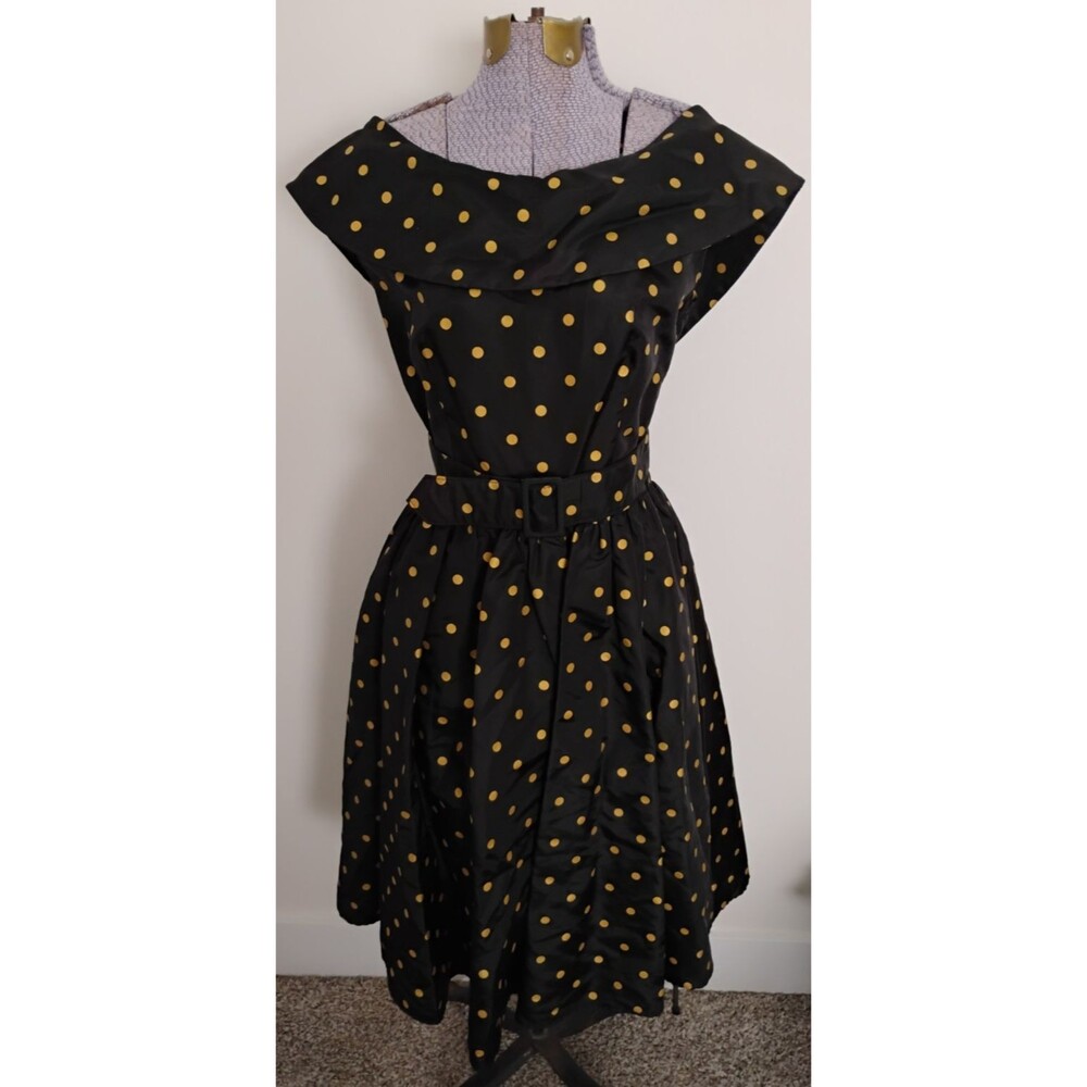 Vtg 1980'S Dress Cocktail Evening Black Gold Polka Dot Retro Large Collar 4/6